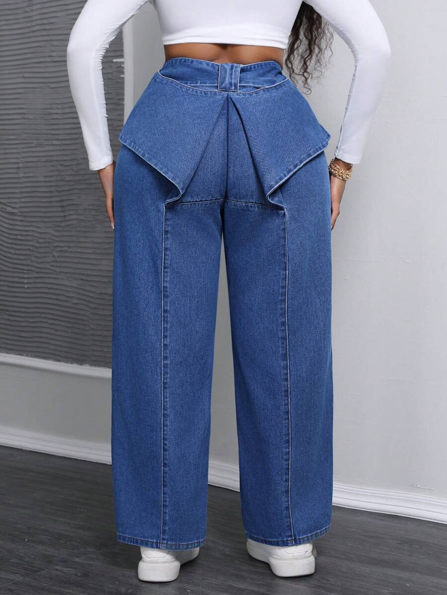 SHEIN SXY Plus Size Women's Loose Straight-Leg Jeans With Hip Fold Design, Casual And Versatile - Blue - View 1