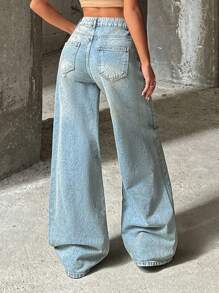 CasuGlow VINTAGE Casual WASH HIGH WAIST WIDE LEG CUT ASYMMETRIC BELT DETAIL Daytime Light Blue Summer - Medium Wash - View 2