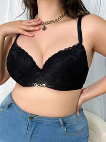 Sexy Lace Bra For Large Bust With Push-Up And Side Support, Underwire Design, 1pc - Black - View 5