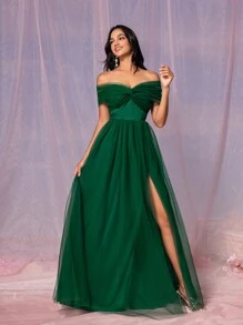 SHEIN Belle Vestido de dama de honor para adultos con hombros descubiertos, con nudo al frente, abertura alta y bajo acampanado, vestido elegante - Verde Oscuro - Ver 7