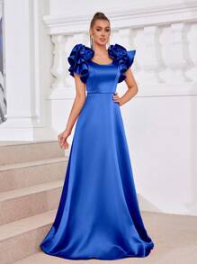 SHEIN Belle Vestido de princesa elegante y grácil con escote cuadrado decorado con flores 3D de satén, diseño en línea A, perfecto para ceremonias de graduación y ocasiones formales como bodas y cenas. - azul real - Ver 5