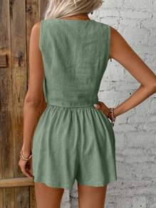 SHEIN Frenchy Conjunto de chaleco y pantalón corto de uso diario para mujer en unicolor y diseño simple