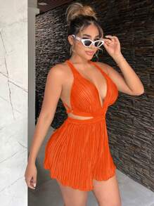 SHEIN SXY Women's Solid Color Halter Back Strap Jumpsuit For Holiday And Casual Wear Holiday Sexy Summer Beach Vacation Boho Women Outfit Pride Clothes Western Wear Birthday Outfit Bachelorette Party Concert Club