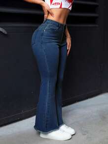 SHEIN PETITE Vaqueros de campana con bolsillo y bajo deshilachado, vaqueros casuales de moda para mujer