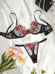 Fantasy-Élégante Ensemble de lingerie 2 pièces pour femmes matures et sexy, soutien-gorge et culotte brodés et à anneaux en acier, avec un design de blocs de couleurs - Multicolore - Voir 1
