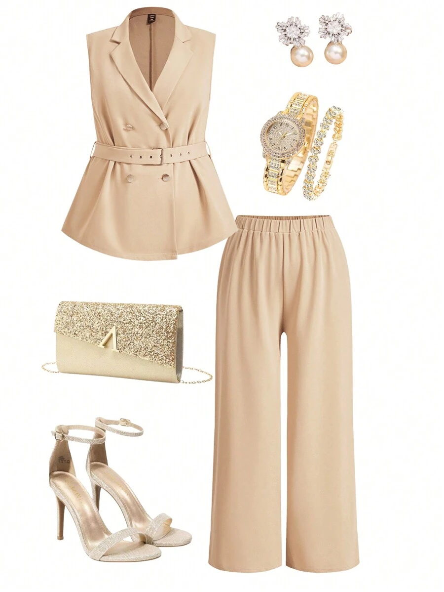 SHEIN Clasi Plus Size Teacher Outfits Summer Elegant Commuting Khaki Suit Two-Piece Set With Waist-Cinching Effect - Khaki - View 1