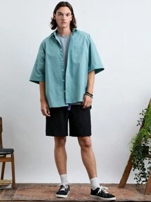 Manfinity VCAY Men's Fashionable Daily Young Casual Solid Color Loose Short Sleeve Shirt T-Shirt Shorts 3pcs/Set.Green  Basic Shirt  .Cargo Men Shirt.Grey  T Shirt - Mint Green - View 1