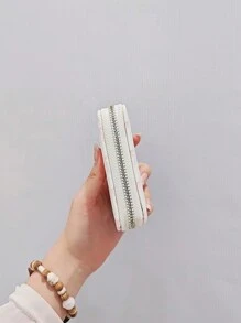 ROMWE Kawaii Bază albă cu portofel scurt cu imprimeu roz cu fundă, suport creativ pentru carduri multifuncțional