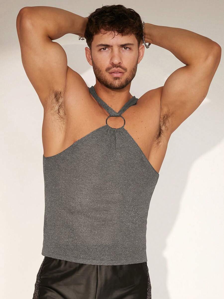 Manfinity Fever City Men Ring Detail Solid Sleeveless Sweater Vest - Grey - View 1