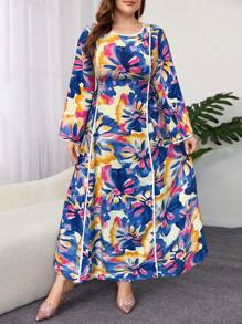 Al Najma Plus Floral Print Contrast Binding Arabian Dress, Modest Full Length Jalabiya, Casual Long Sleeve Maxi Dress - Multicolor - View 1