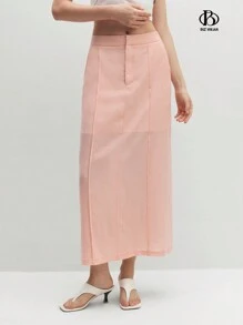 BizChic Hot Pink Office Lady Elegant Business Professional Skirt With Sheer Design - Dusty Pink - View 3