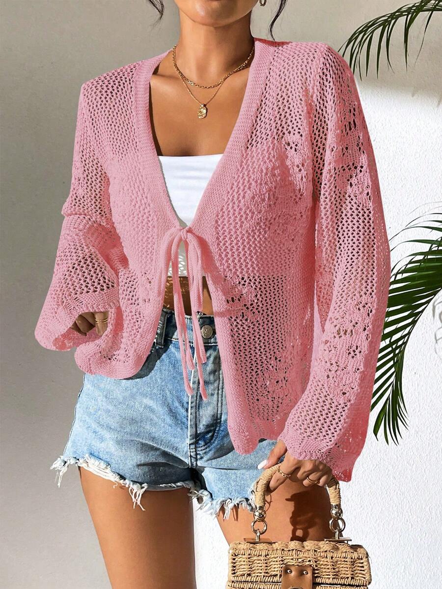 Breezaya Tie Front Pointelle Knit Cardigan For Summer Vacation - Pink - View 1