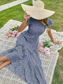 女士 V 领休闲度假花卉印花连衣裙