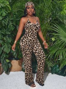 Slaydiva 夏季街頭風格深V領豹紋無背背心連體褲 - 彩色 - 查看 5