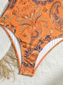 Swim Lushoire Summer Beach Paisley Printed Hollow Out Monokini Swimsuit, Random Print - Orange - View 8