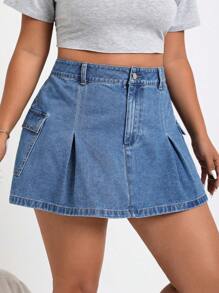 SHEIN EZwear Coolmax Plus Size Denim Workwear Pencil Skirt With Pocket - Medium Wash - View 4