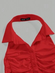 SHEIN MOD Women's Solid Color V-Neck Ruched Backless Tank Top - Red - View 3