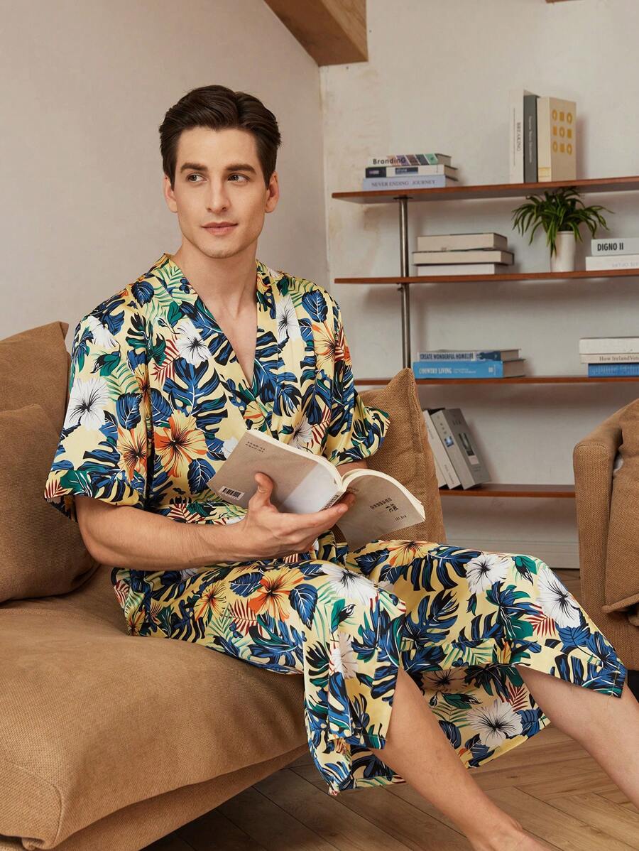 Men's Floral Print V-Neck Belted Short Sleeve Robe - Green - View 1