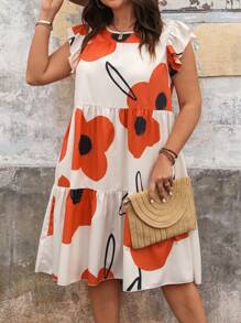 Calvaya Plus Size Casual Floral Printed Ruffle Hem Holiday Style Dress - Multicolor - View 4