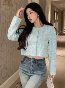 DAZY 女士簡約純色休閒長袖短外套 - 藍色 - 查看 8