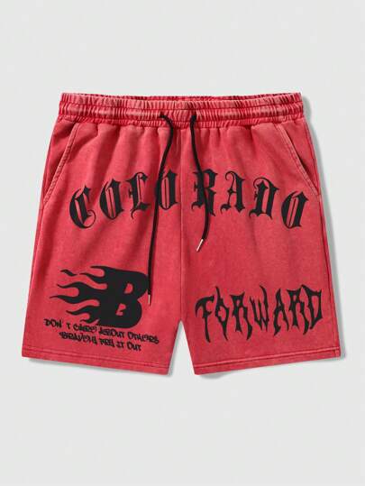 Prep Short en denim à flocons de neige lavé à la taille à cordon imprimé pour hommes