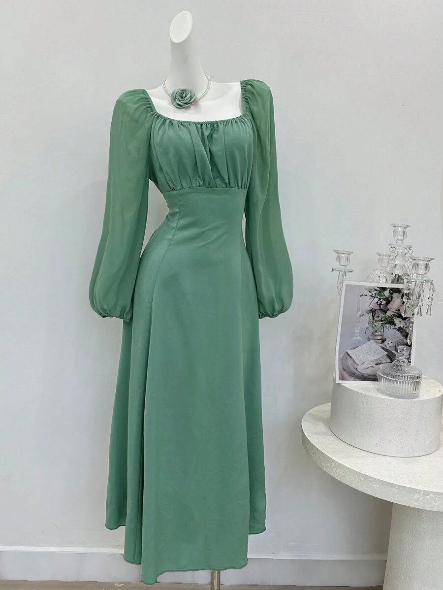 Modelyn Square Neck Lantern Sleeve Ruched Bust Dress - Green - View 1