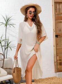 SHEIN Swim Notched Neckline Batwing Sleeve Cover Up Dress For Summer Beach - Apricot - View 7