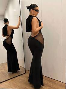 SHEIN ICON Y2k 修身性感网眼腰垂领露背连帽女式美人鱼黑色夏季优雅长款紧身连衣裙 - 黑色 - 查看 5