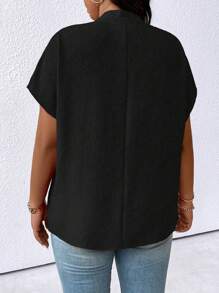 大尺碼女士純色簡約日常短袖襯衫 - 黑色 - 查看 2
