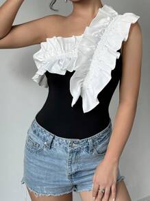 Chiquease Women's Asymmetrical Neckline Ruffle Trimmed Slimming Elegant Bodysuit - Black and White - View 5