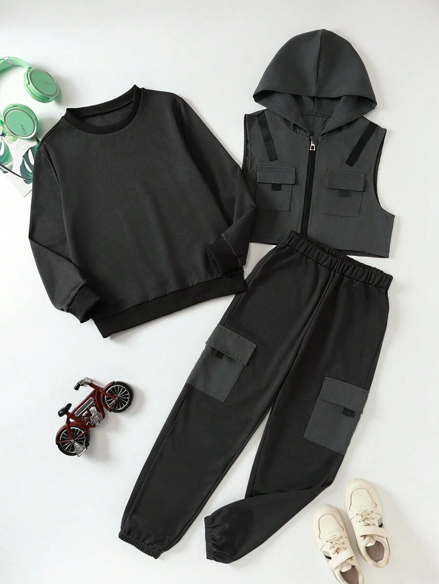 SHEIN 3pcs Tween Boy Spring/Autumn Casual Solid Color Hooded Sweatshirt, Workwear Vest And Long Pants Outfits - Multicolor - View 1