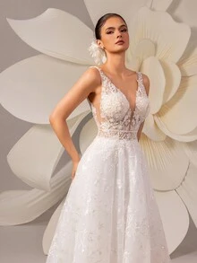 Bohemian Contrast Color Heavy Lace Sequin Zipper Backless Luxury Elegant Wedding Dresses For Outdoor Lawn Weddings White Bridal Dress - White - View 9