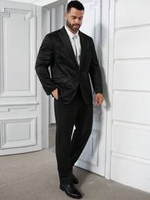 Manfinity Mode Men Plus Floral Jacquard Single Button Blazer & Pants - Black - View 5