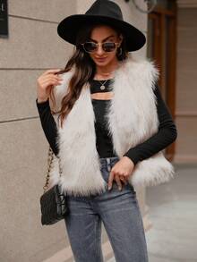 Women Solid Color Fashion Faux Fur Vest For Spring And Autumn - Beige - View 3