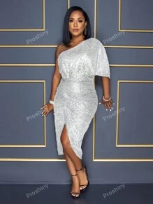 Sexy One Shoulder Sparkly Evening Party Gown Burgundy Lady Bling Robe De Soiree Prom Sequins Homecoming Dresses Elegant Cocktail Semi Formal Wedding Guest Dress, For Birthday, Graduation, Dinner