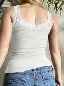 INAWLY Lace Patchwork Ruffle Trim Slim Fit Tank Top - White - View 2