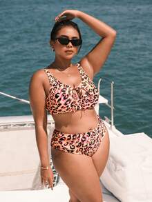 SHEIN Swim Curve 大码女式豹纹前系带比基尼曲线上衣和比基尼下装夏季 - 彩色 - 查看 5