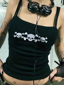 Áo hở vai in hình đầu lâu phong cách Gothic Y2K thời trang mới cho Halloween, Áo nữ đi chơi phong cách Gothic, Trang phục Halloween, Trang phục Halloween cho nữ - màu đen - Xem 1