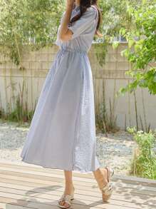 DAZY 女士短袖中长款收腰衬衫裙连衣裙，休闲女式连衣裙长裙 - 藍色 - 查看 4