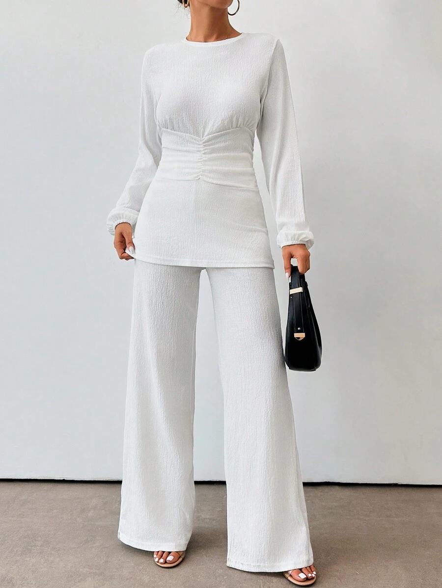 EURMUSE Women's Plain Simple Daily Long Sleeve Top And Long Pants Set - White - View 1