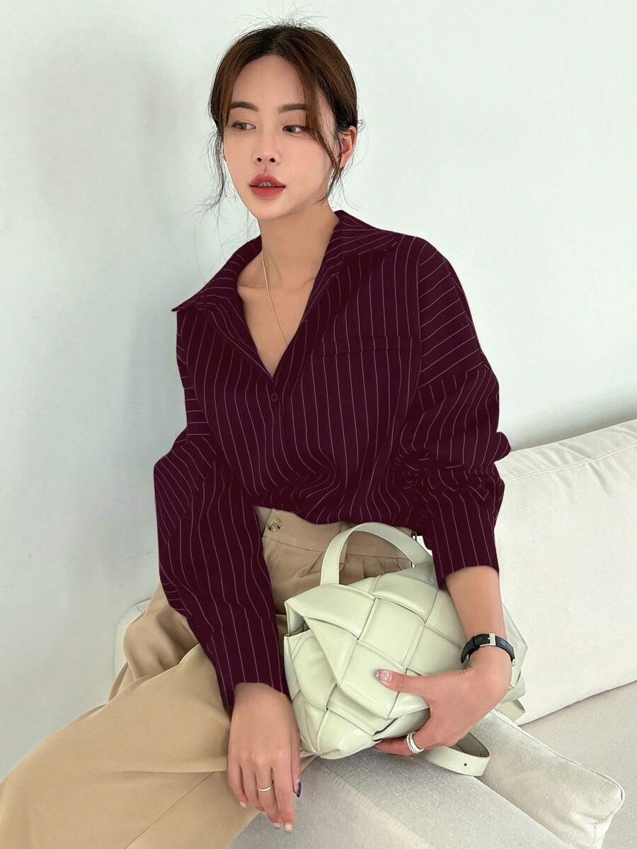 DAZY Striped Print Drop Shoulder Shirt,Long Sleeve Tops,Fall Clothes - Burgundy - View 1