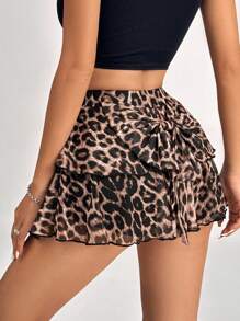 SHEIN PETITE 性感分層豹紋印花裙配蝴蝶結 - 棕色 - 查看 6