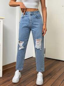 EURMUSE 100% Cotton HIGH WAIST MOM CUT RIPPED  JEAN - Light Wash - View 5