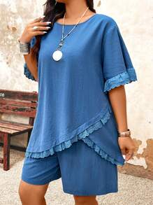 Plus Frill Asymmetrical Hem Top & Shorts For Summer - Blue - View 1