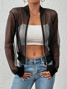 SHEIN LUNE Kurze, offene Jacke für Damen mit Lochmuster aus Netzstoff für den täglichen Gebrauch