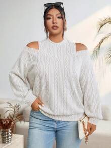 Calvaya Plus Size Nữ Hình Học Sọc Đậm Hở Vai Dài Tay Dáng Rộng, Mùa Xuân/Hè - Màu be - Xem 5
