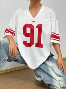 StreetHx Women's Summer Loose Fit V-Neck Digital Printed T-Shirt With Drop Shoulder And Mesh Panel Graphic Tees Women Tops - White - View 1