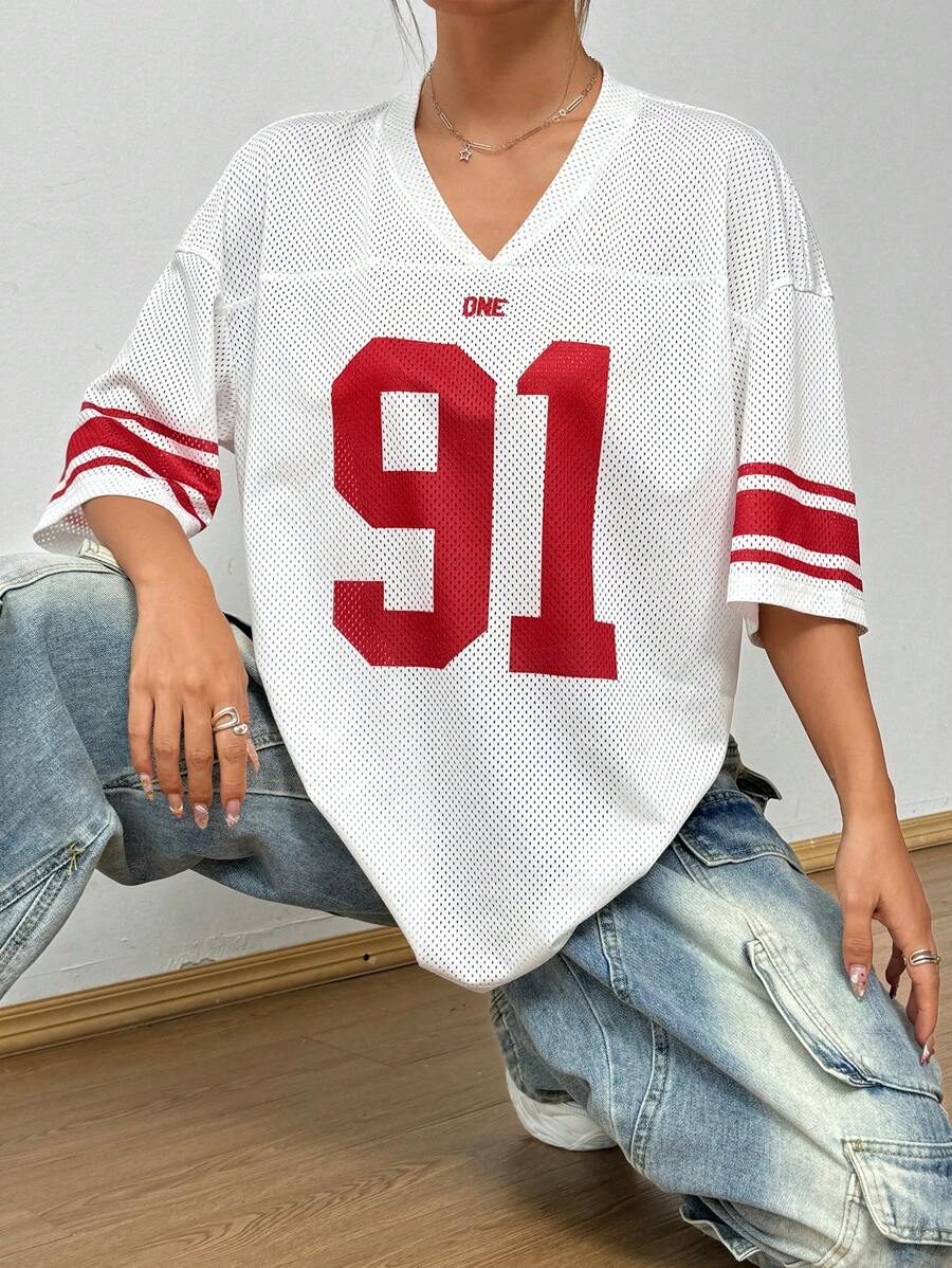 StreetHx Women's Summer Loose Fit V-Neck Digital Printed T-Shirt With Drop Shoulder And Mesh Panel Graphic Tees Women Tops - White - View 1