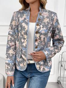 EMERY ROSE جاكيت نسائي بأكمام طويلة وربطة عنق بشق مزين بطبعات الزهور لربيع وخريف أنيق - متعدد الألوان - مشاهدة 5