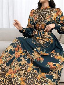 Modelyn Leopard & Baroque Print Lantern Sleeve Belted Dress For Spring & Summer